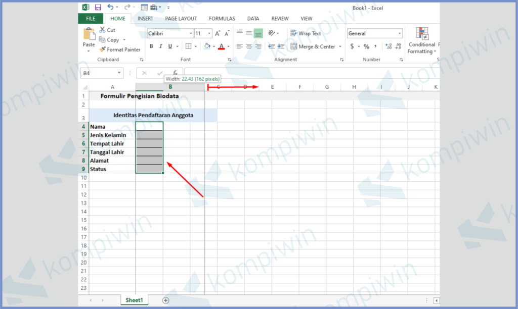 7 Blok Dan Lebarkan - Cara Membuat Form Input Data di Excel