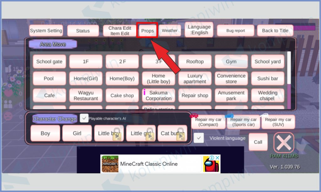 3 Pencet Tombol Porps - Cara Mabar (Main Bareng) di Sakura School Simulator