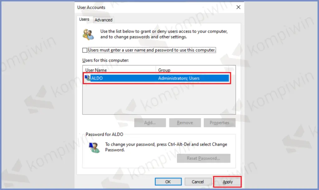 3 Pilih User Dan Apply - Cara Menghapus PIN di Windows 11