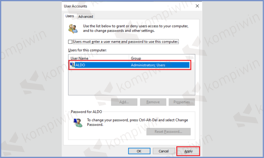 3 Pilih User Dan Apply - Cara Menghapus PIN di Windows 11