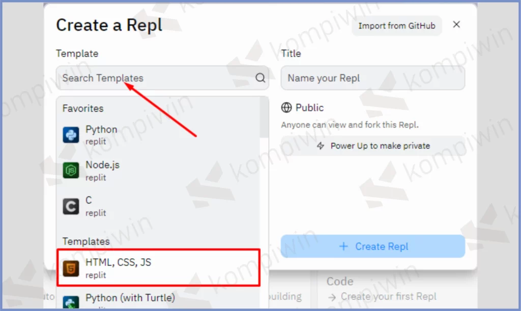 2 Pilih HTML CSS JS - Cara Upload Script HTML di Replit [Gratis]