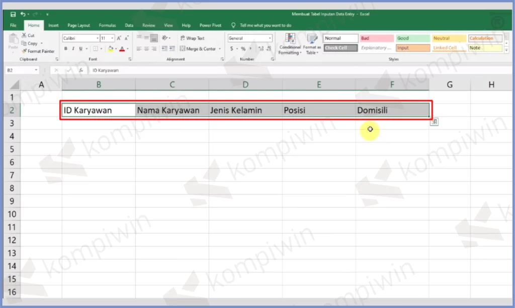 1 Buatkan Baris Tabel - Cara Membuat Form untuk Input Data di Excel
