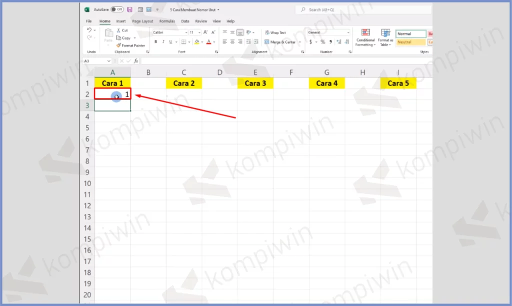1 Klik Cell Pertama - Cara Membuat Nomor Urut di Excel