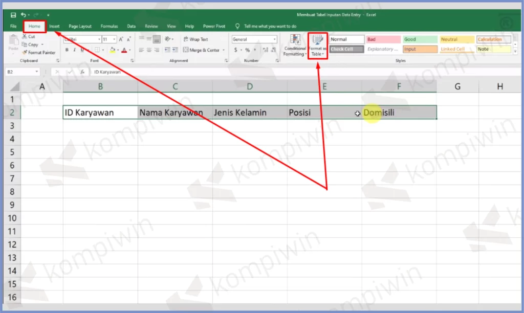 2 Klik Home dan Table - Cara Membuat Form untuk Input Data di Excel
