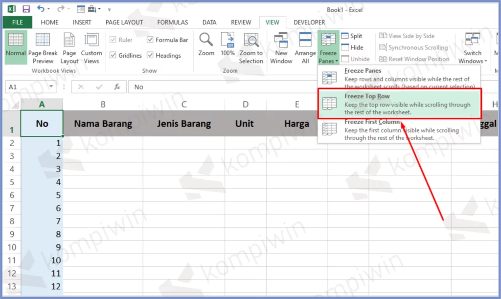 3 Freeze Top Row - Cara Mengunci Posisi Kolom dan Baris dengan Freeze Panel di Excel