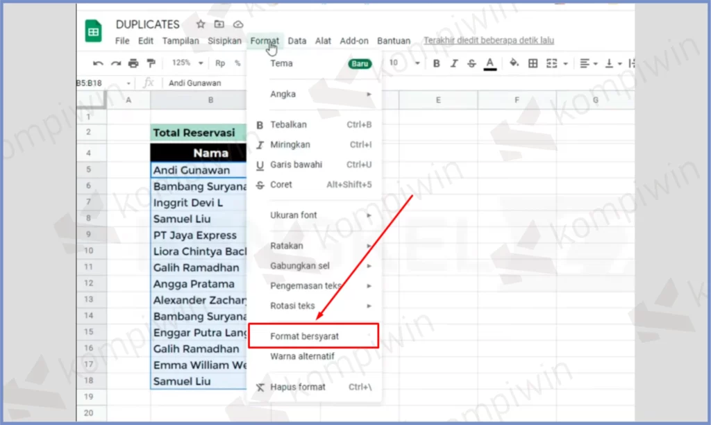 3 Pencet Format Bersyarat - Cara Menandai Data Duplikat di Google Spreadsheet