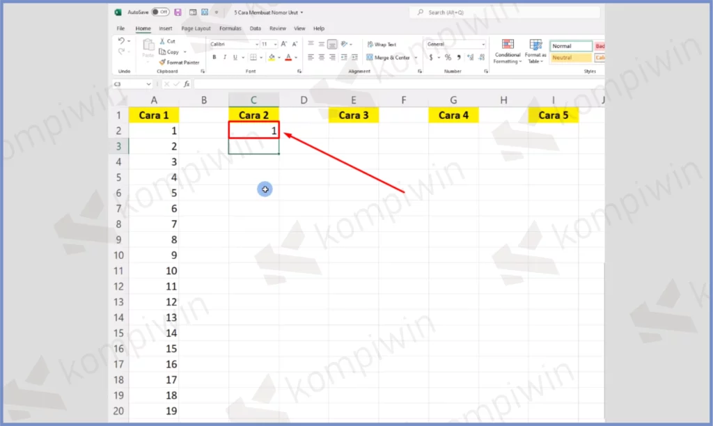 4 Klik Cell Pertama - Cara Membuat Nomor Urut di Excel